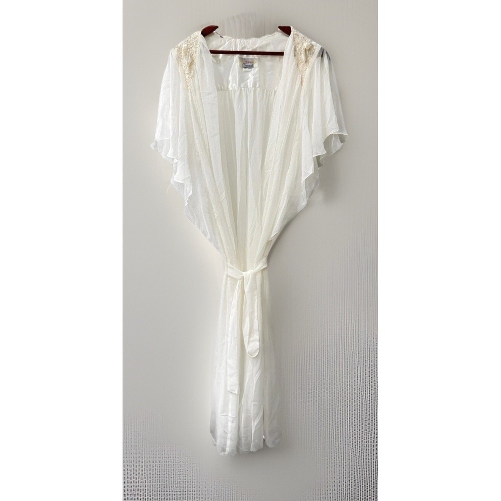 Vintage Dentelle Womens Robe Sheer Lace Tie Front Ivory USA Medium